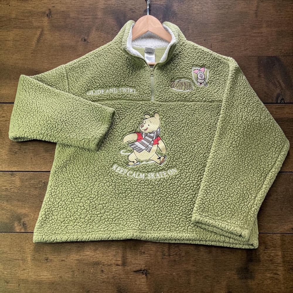 Disney Winnie the Pooh Sherpa Fleece 1/4 Zip Pullover Green L Keep Calm Skate On